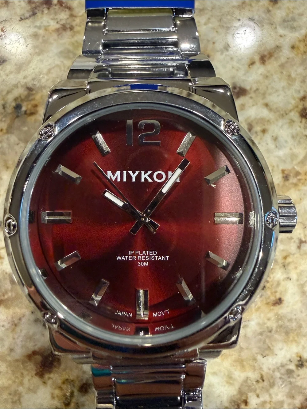 Miykon Men's Silver Stainless Steel Quartz Watch - Water-Resistant, Red Dial